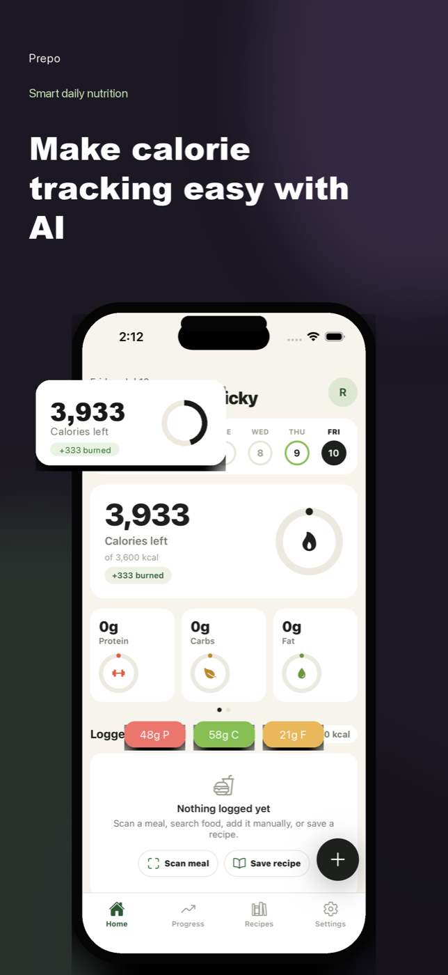 Prepo AI home screen showing calories left and macro rings