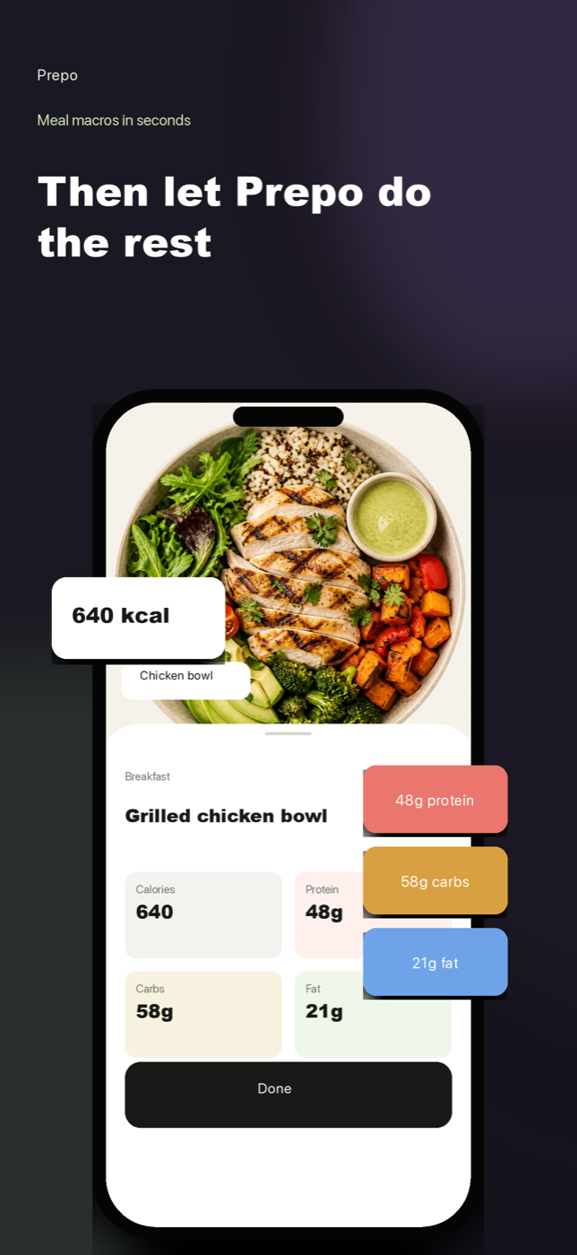 AI results showing calories, protein, carbs and fat for a chicken bowl