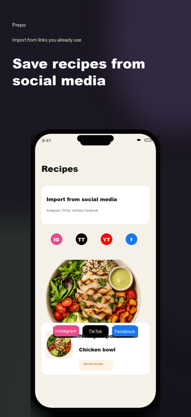 Saved recipe library with nutrition per serving